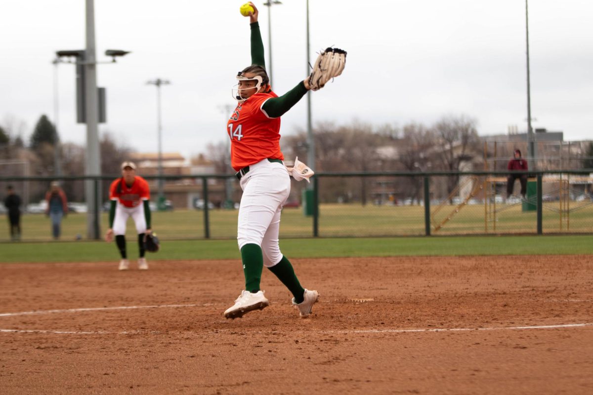 Pitcher Giselle Bentley pitches during game against University of Montana on March 30 at Rams Field in Fort Collins Colorado. Rams win 9-1 runs. Photo taken by Erica Pickering.