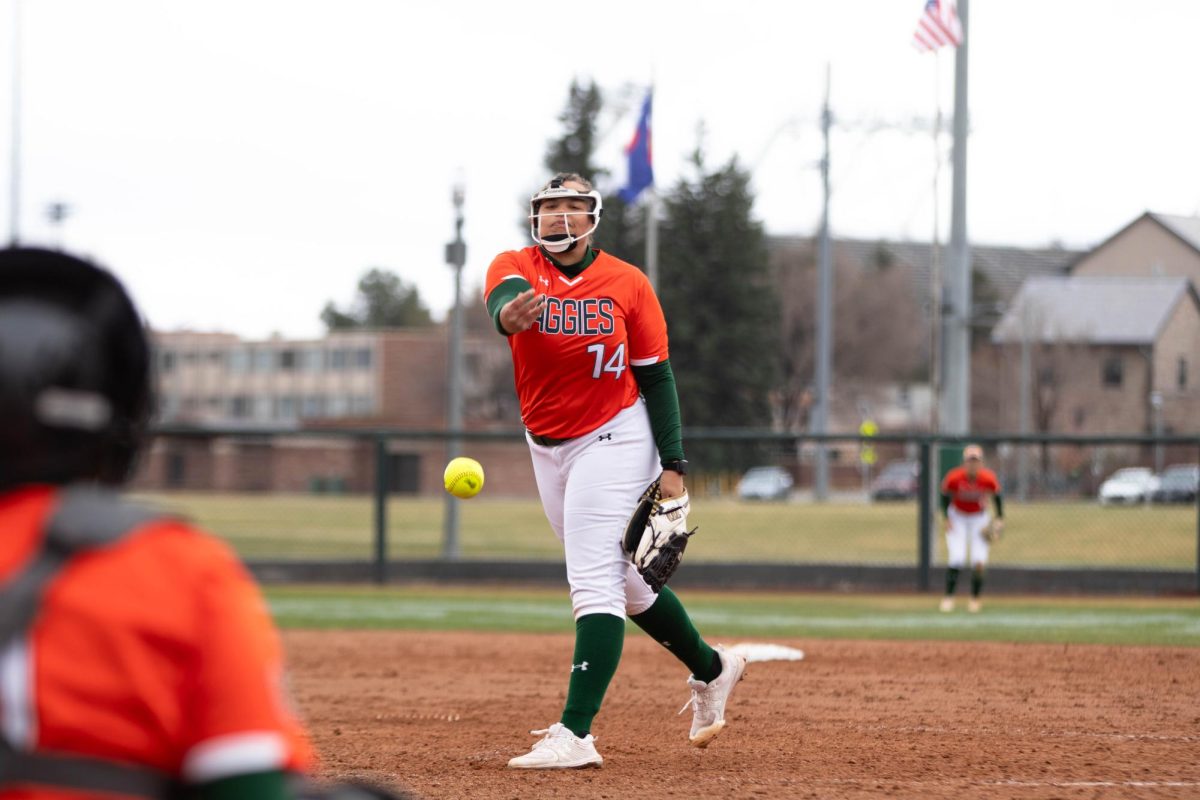 Pitcher Giselle Bentley pitches during game against University of Montana on March 30 at Rams Field in Fort Collins Colorado. Rams win 9-1 runs. Photo taken by Erica Pickering.