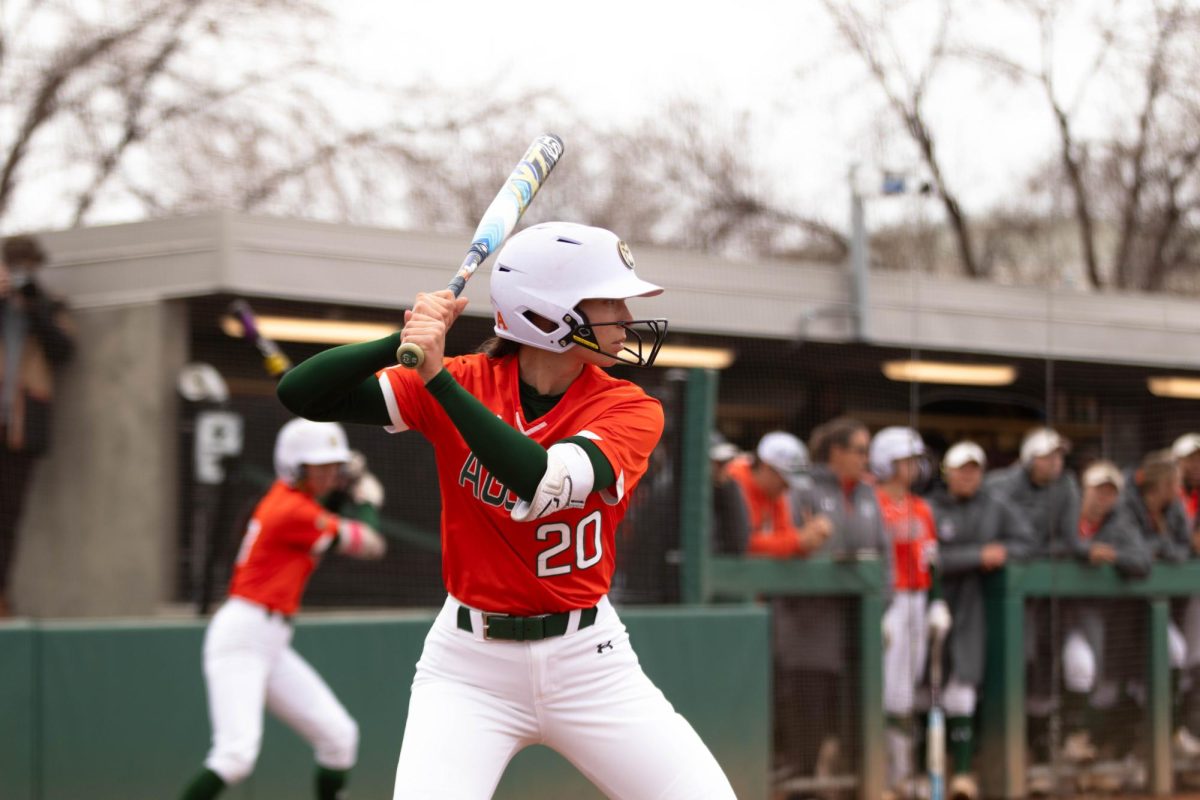 Infielder Jordan West prepares to bat in game against University of Montana on March 30 at Rams Field in Fort Collins Colorado. Rams win 9-1 runs. Photo taken by Erica Pickering.
