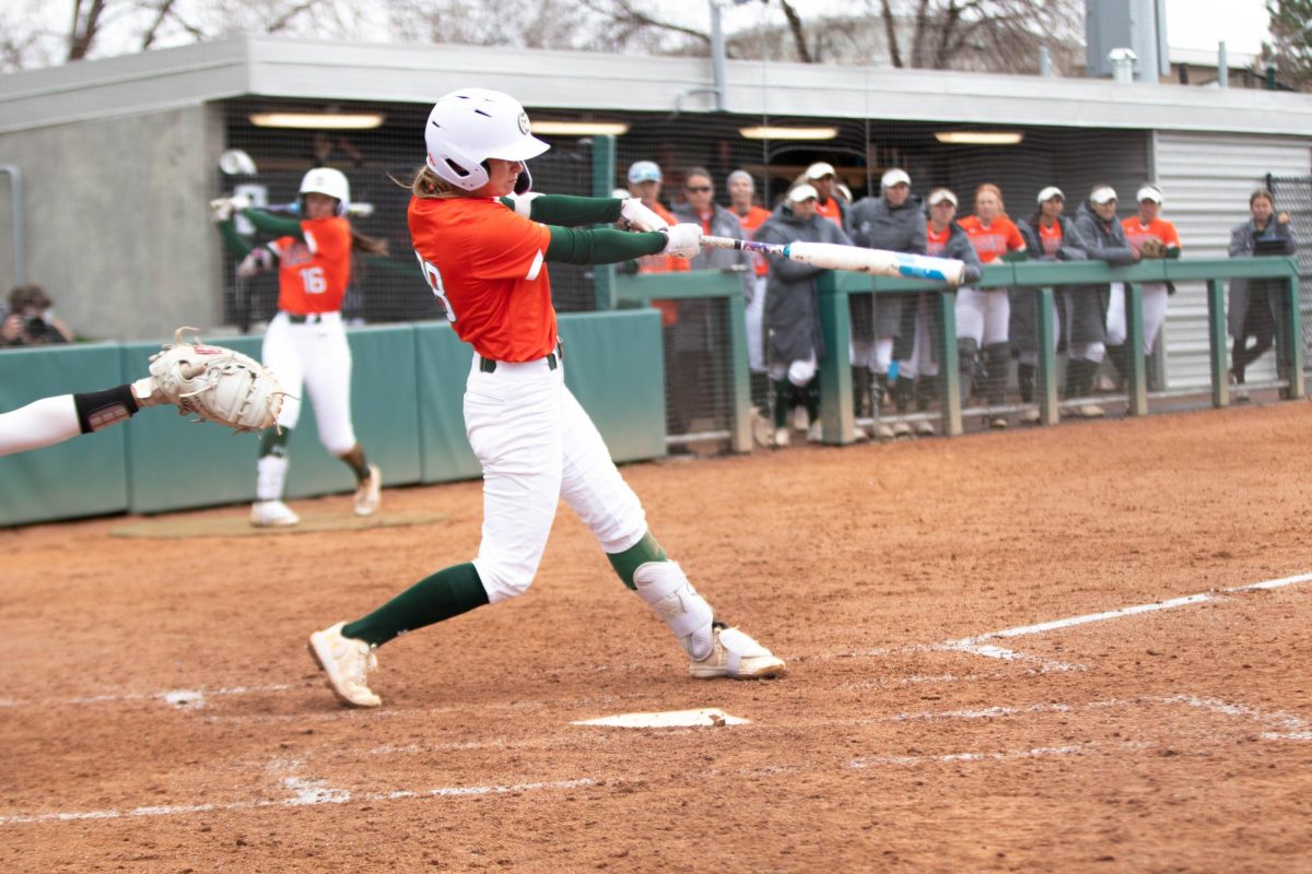 Infielder Kaylynn English bats during game against University of Montana on March 30 at Rams Field in Fort Collins Colorado. Rams win 9-1 runs. Photo taken by Erica Pickering.