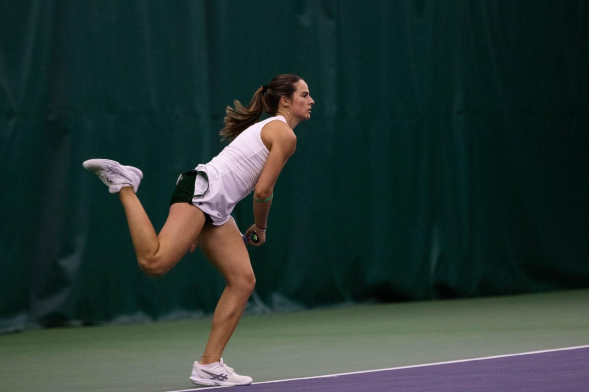 Lauren Avelar follows through on her hit during match against San Diego State University on March 30 at the Fort Collins Country Club in Fort Collins Colorado. Photo taken by Erica Pickering.