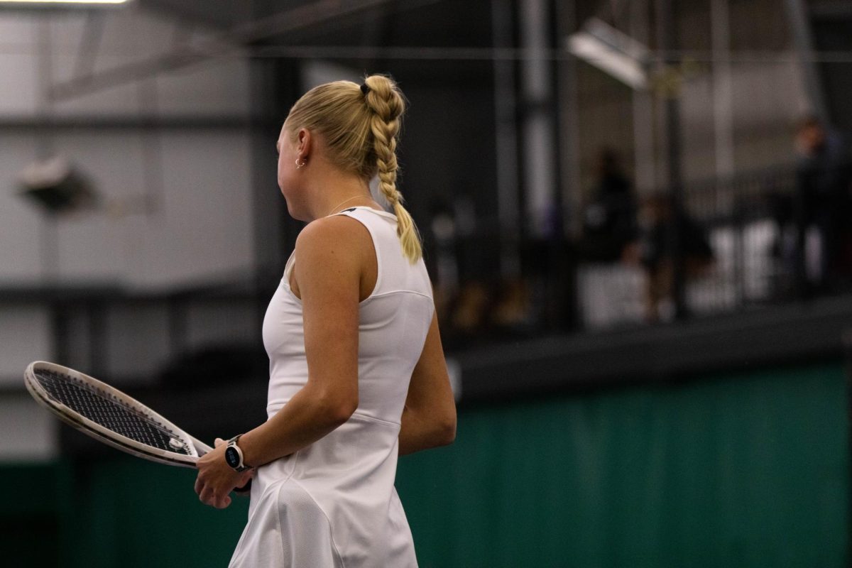 Sarah Weekley reflects on her hit during match against San Diego State University on March 30 at the Fort Collins Country Club in Fort Collins Colorado. Photo taken by Erica Pickering.