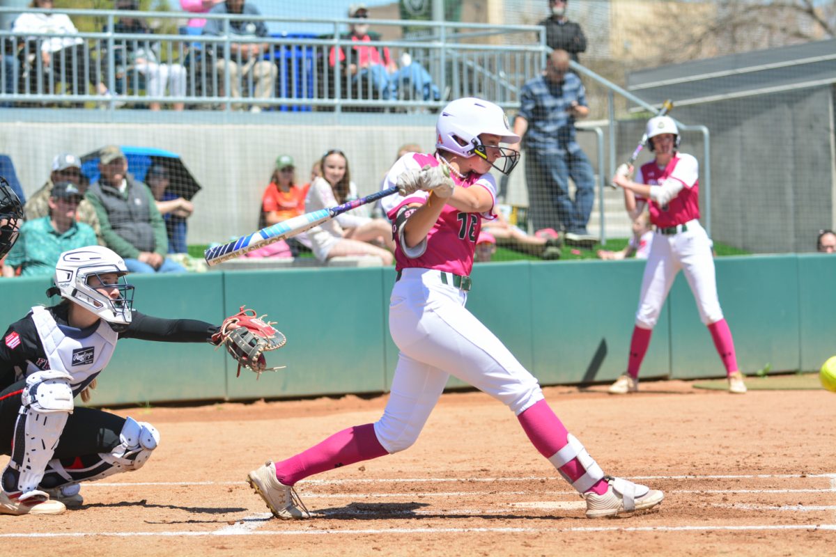Lauren Stucky hitting a foul ball against Fresno State April 26. Lauren and her teammates defeated Fresno state during their first game with a score of 7-0. 
