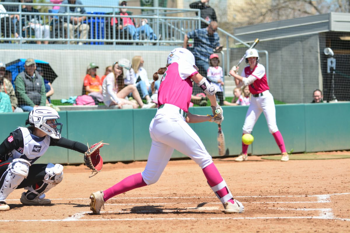Lauren Stucky hitting a ball against the Fresno State Bulldogs April 26. Colorado State defeated Fresno State with a score of 7-0. 
