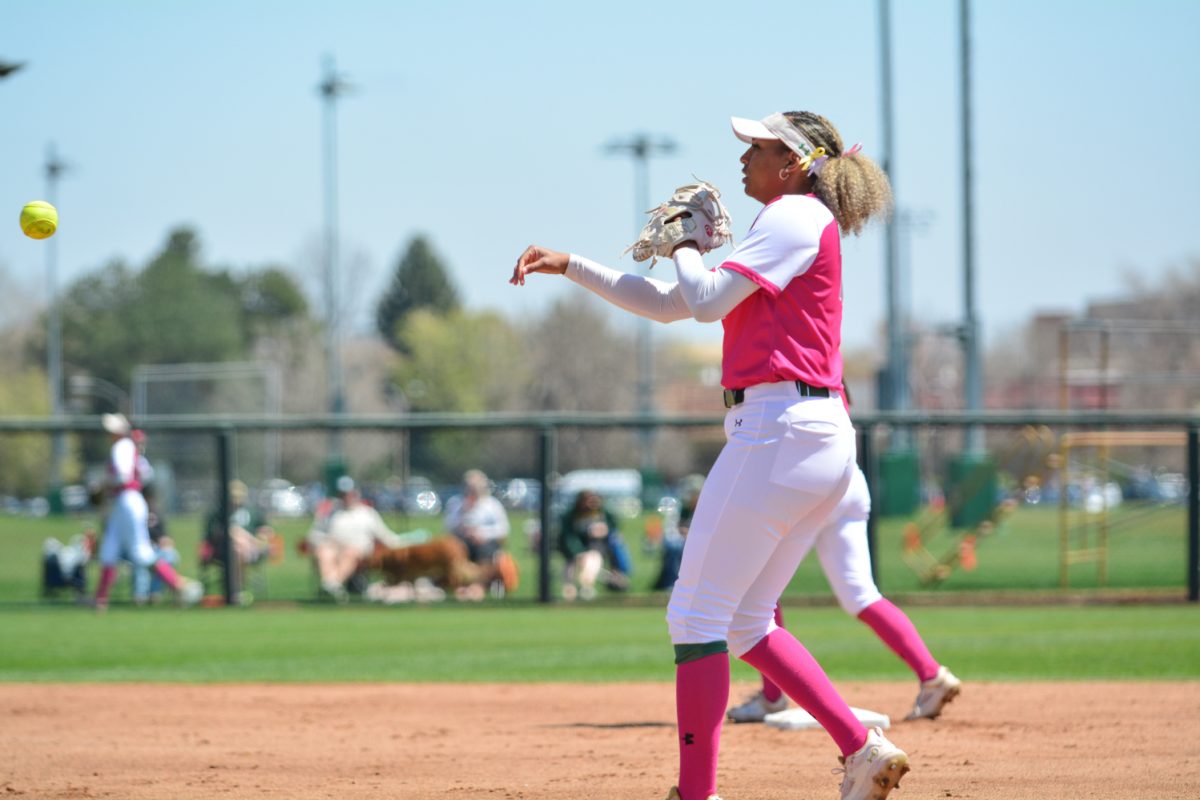 Jailey Wilson throwing the ball back to the pitcher after a play April 26. Jailey and her teammates defeated the Fresno State bulldogs with a score of 7-0. 
