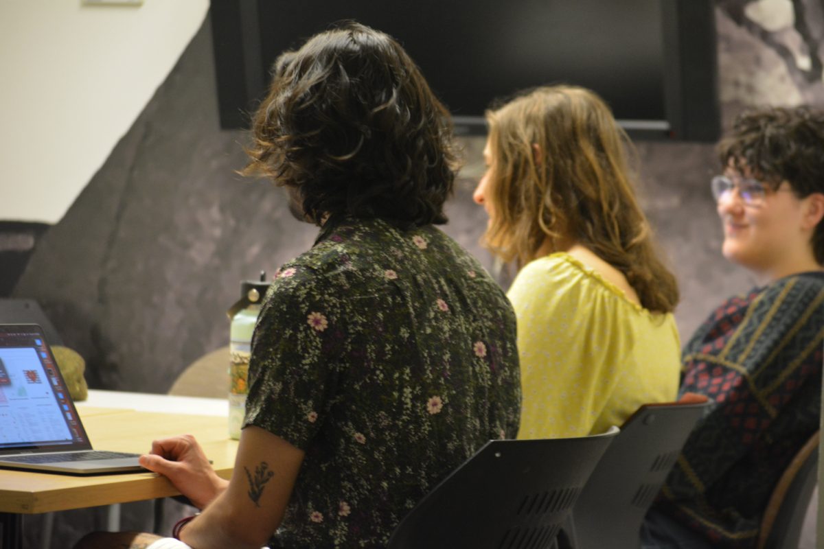 Aden Valdez, Mia VonLunen and Jay Mario Bates Domenech listening intently during the Restorative Justice club meeting April 8. The Restorative Justice club is student led and was created becuase of a students idea.