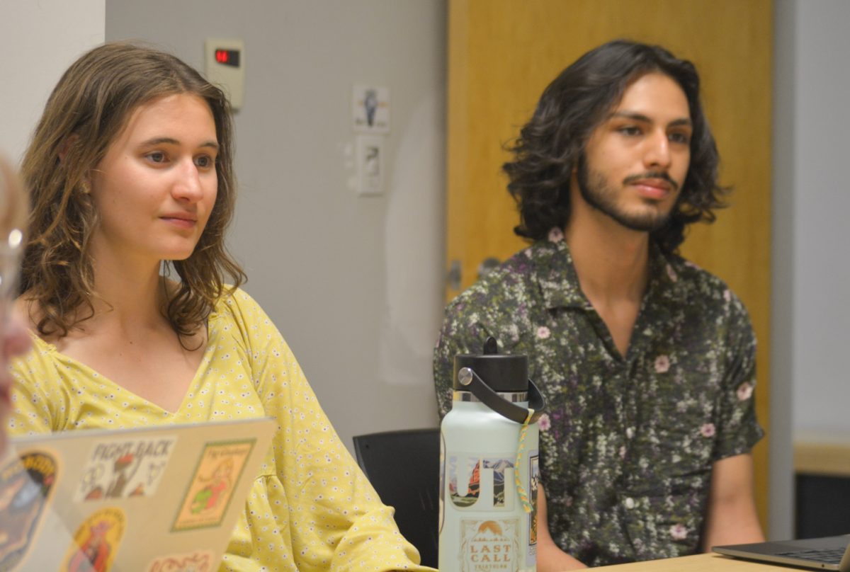 Mia VonLunen and Aden Valdez listening to the speakers that attended the Restorative Justice club meeting April 8. "I just felt a sense of community in his class." Mia said. "We are trying to make this a space where people can feel that too and build connections."