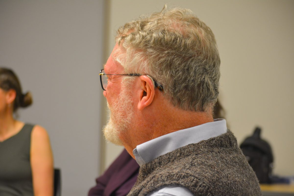 Tom Cavanagh listening to members of the Restorative Justice club speaking about their experiences April 8. "I took Dr. Toms class my first semester of college" Mia said. "It was just like a really eye opening experience for me."