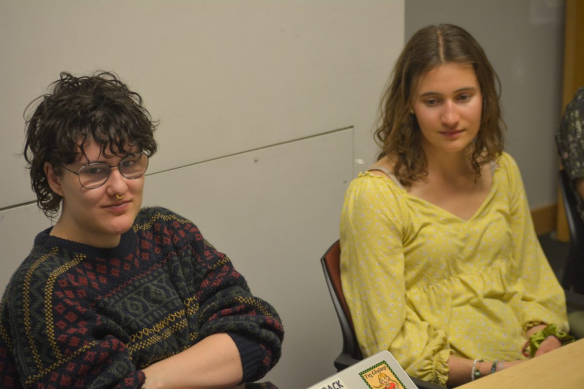 Jay Mario Bates Domenech and Mia VonLunen listening to an atendee speak about their experiences April 8. This was at the Restorative Justice club meeting here at Colorado State University.