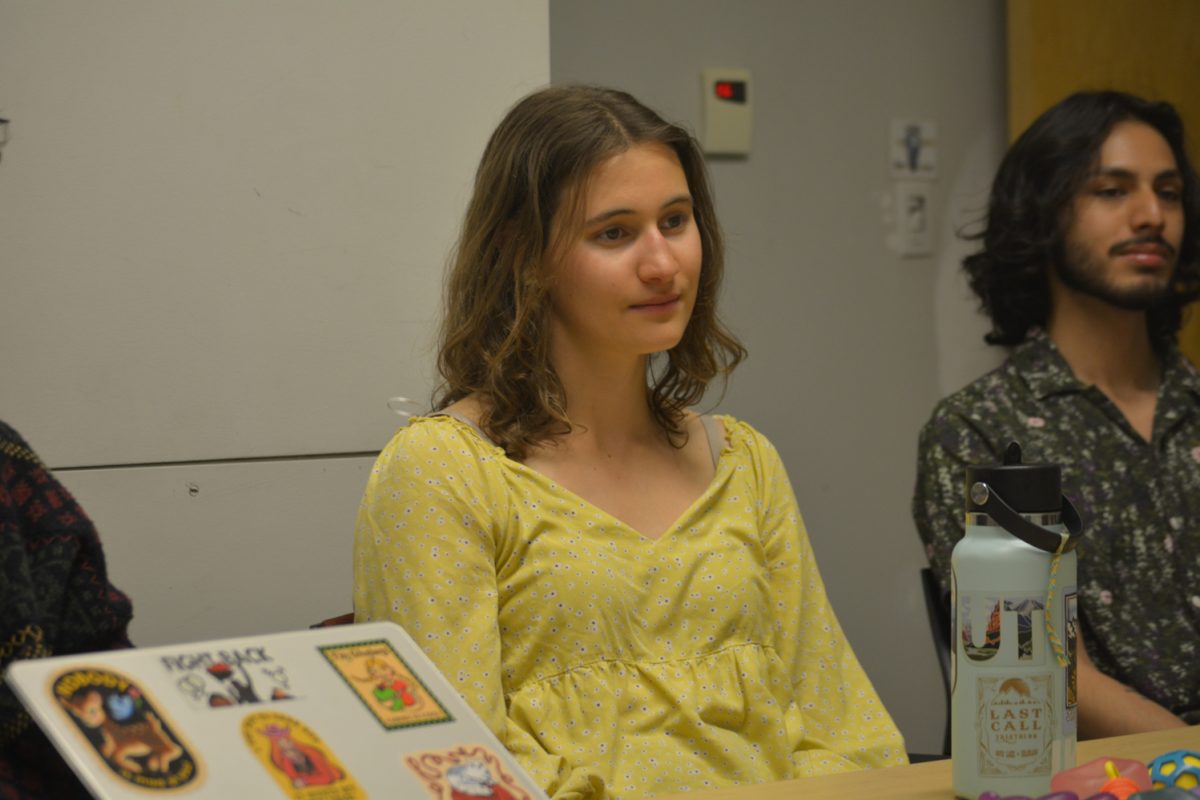 Mia VonLunen listening to other attendees at the Restorative Justice club meeting April 8. This meeting was held at the Behavioral Science building.