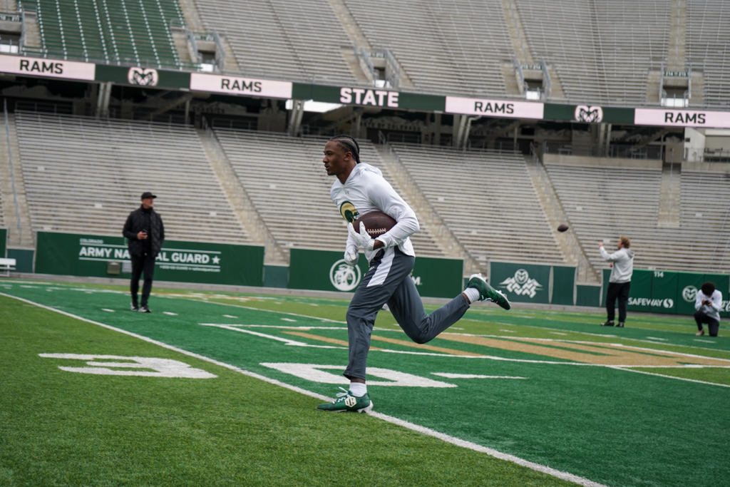 Colorado State wide reciever Tory Horton runs routes during a special 2025 NFL Pro Day April 3. Horton suffered a knee injury in 2024 and was unable to participate in the official Pro Day so CSU held one specifically for him.