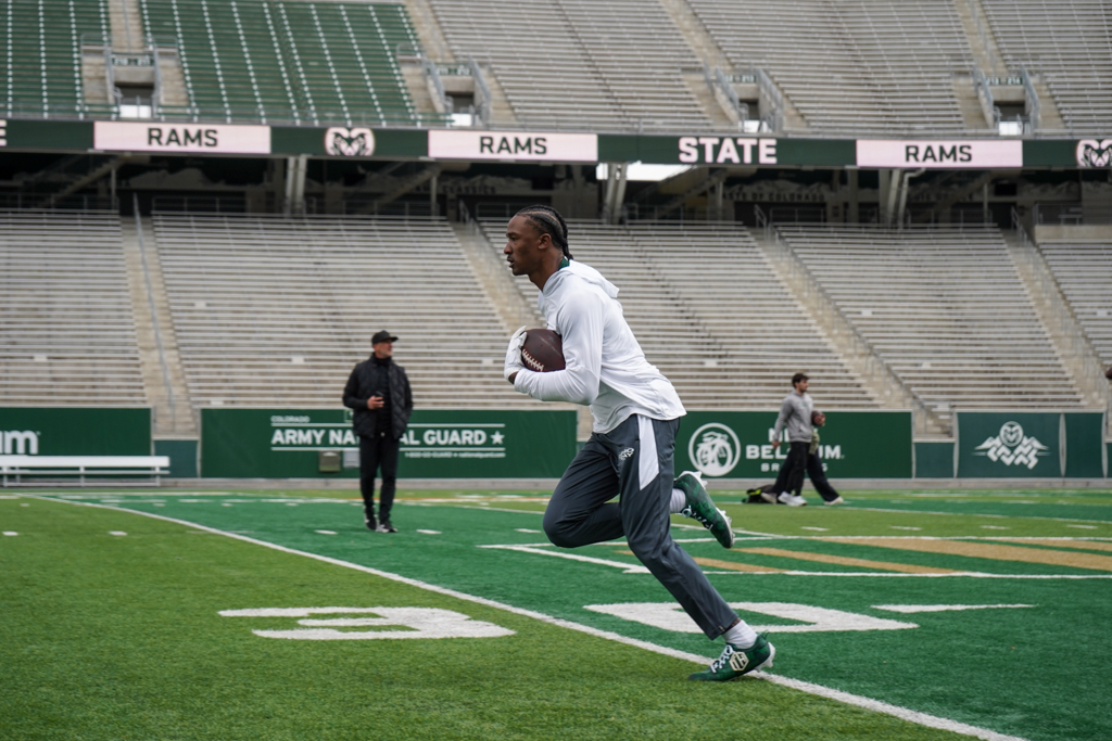 Colorado State wide reciever Tory Horton runs routes during a special 2025 NFL Pro Day April 3. Horton suffered a knee injury in 2024 and was unable to participate in the official Pro Day so CSU held one specifically for him.