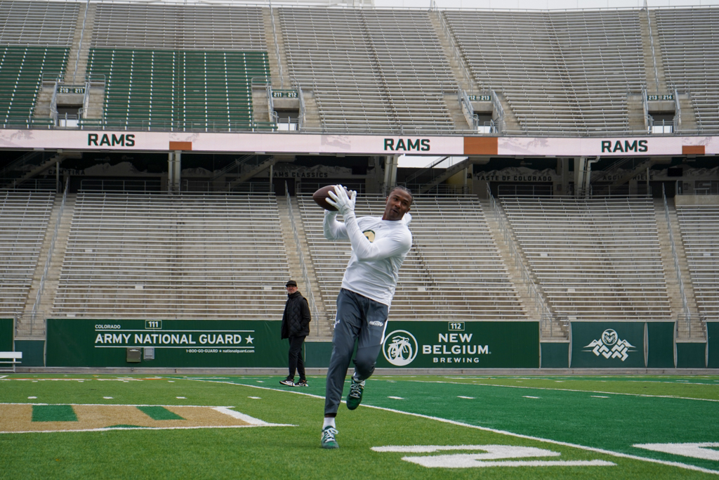 Colorado State wide reciever Tory Horton catches a pass April 4.