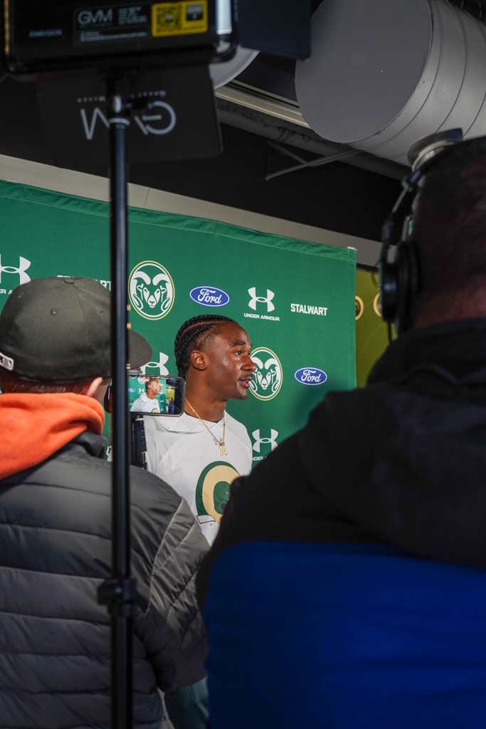 Tory Horton speaks to the media after his Pro Day April 3.