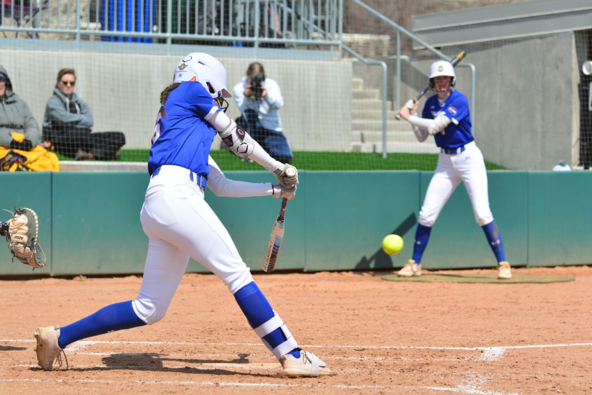 Brooke Bohlender hitting the ball against San Diego State April 5. Brooke was the teams catcher against San Diego State.