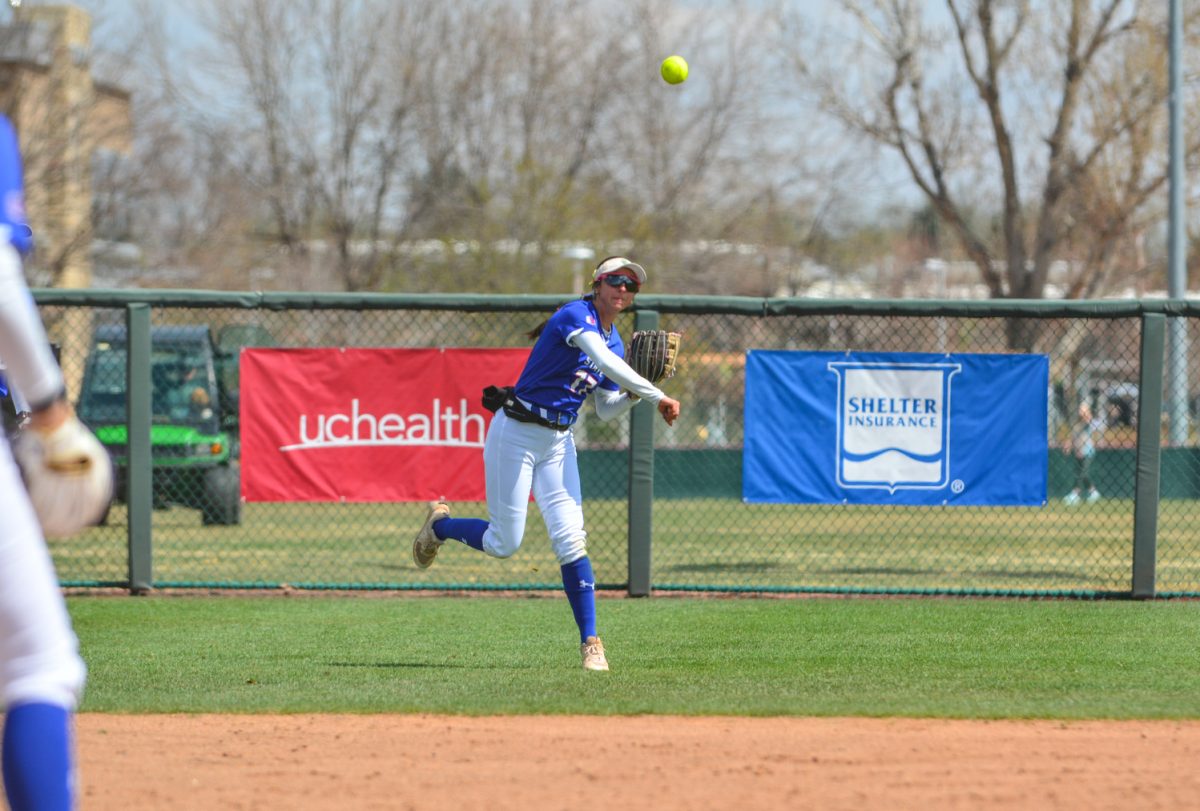 Morgan Coleman throwing the ball to second base attempting to get a San Diego State player out April 5. Morgan played an amazing game as an outfielder for Colorado State University.