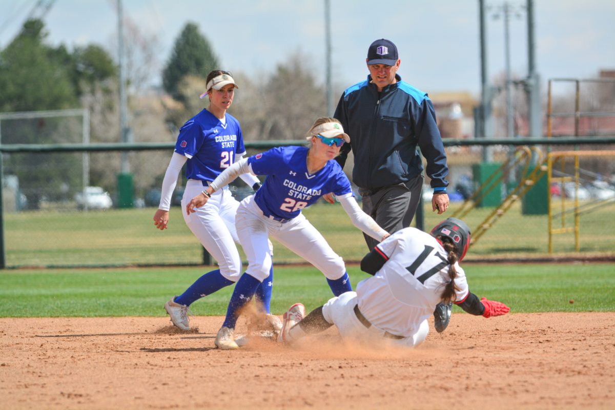 Kaylynn English attempting to get a San Diego State player out April 5. The San Diego State player was safe during this play however Colorado State University defeated San Diego State with a score of 2-0.