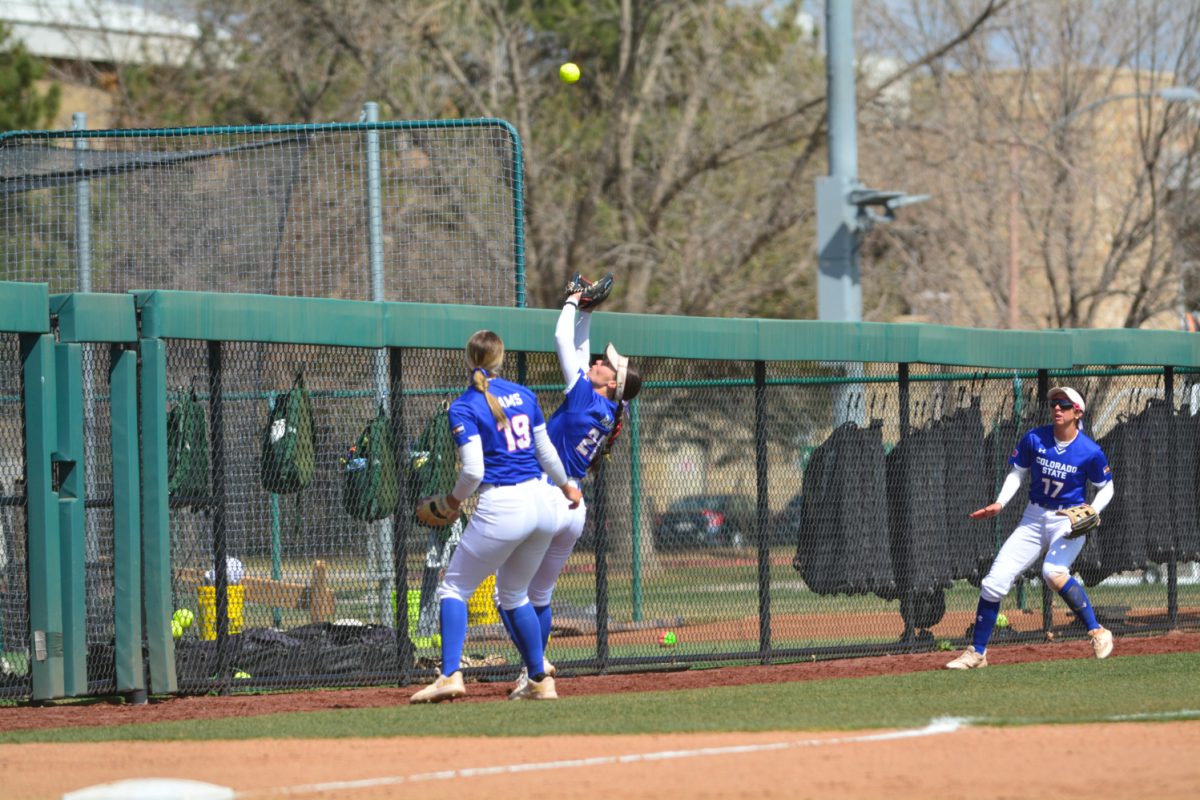 Clarisso Castillo catching a ball hit from a San Diego State player April 5. Clarisso was able to get the San Diego State player out and allow Colorado State University another out.