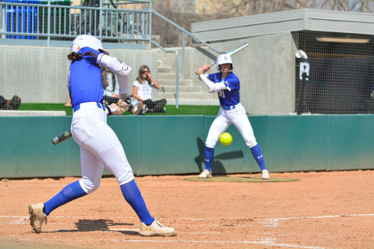 Autumn Rutherford hitting a ball from a San Diego State pitcher April 5. Autumn and her teammates defeated San Diego State with a score of 2-0.