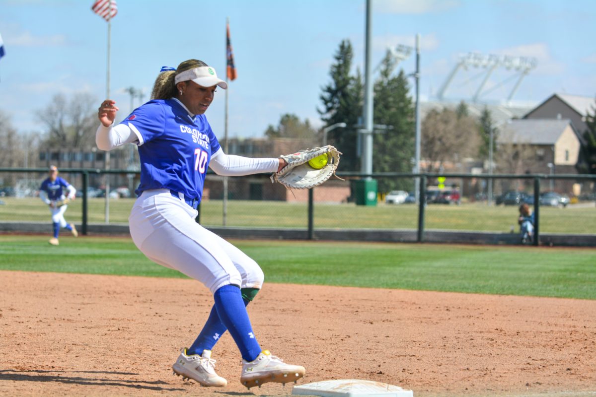 Jailey Wilson stepping on first base getting a San Diego State player out April 5. Jailey was able to get the final out allowing Colorado State to get the win.