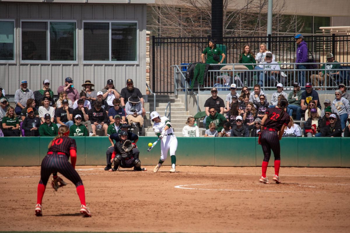 A Colorado State University softball player swings during the match against San Diego State University April 6.
