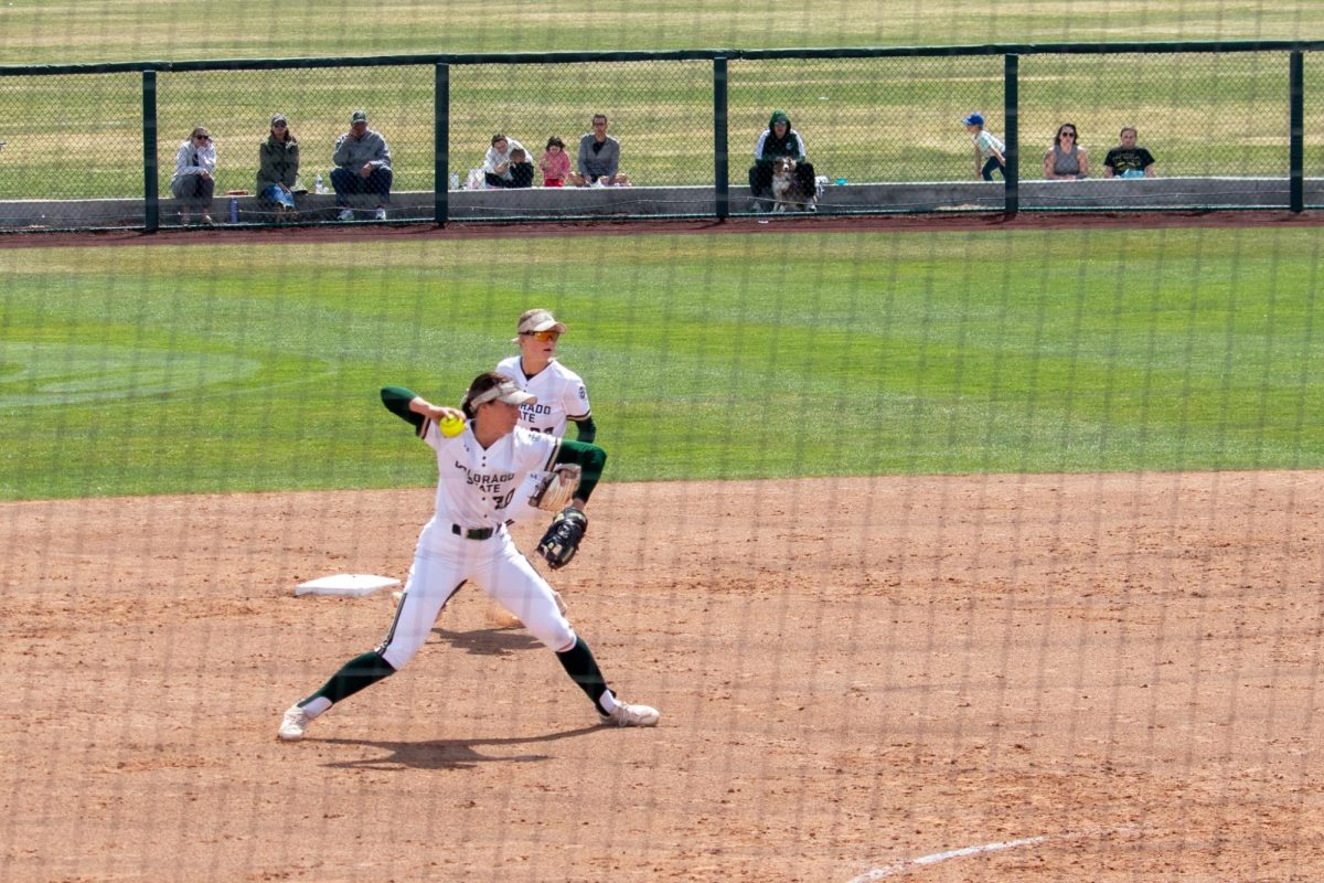 Jordan West (20) throws the ball to first base during the match against San Diego State University April 6.