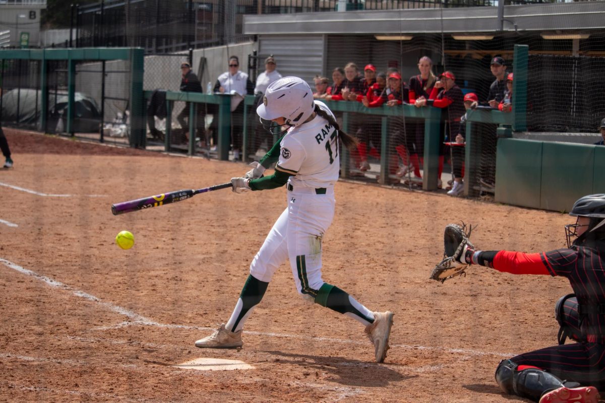 Morgan Coleman (17) swings on the ball during the match against San Diego State University April 6.