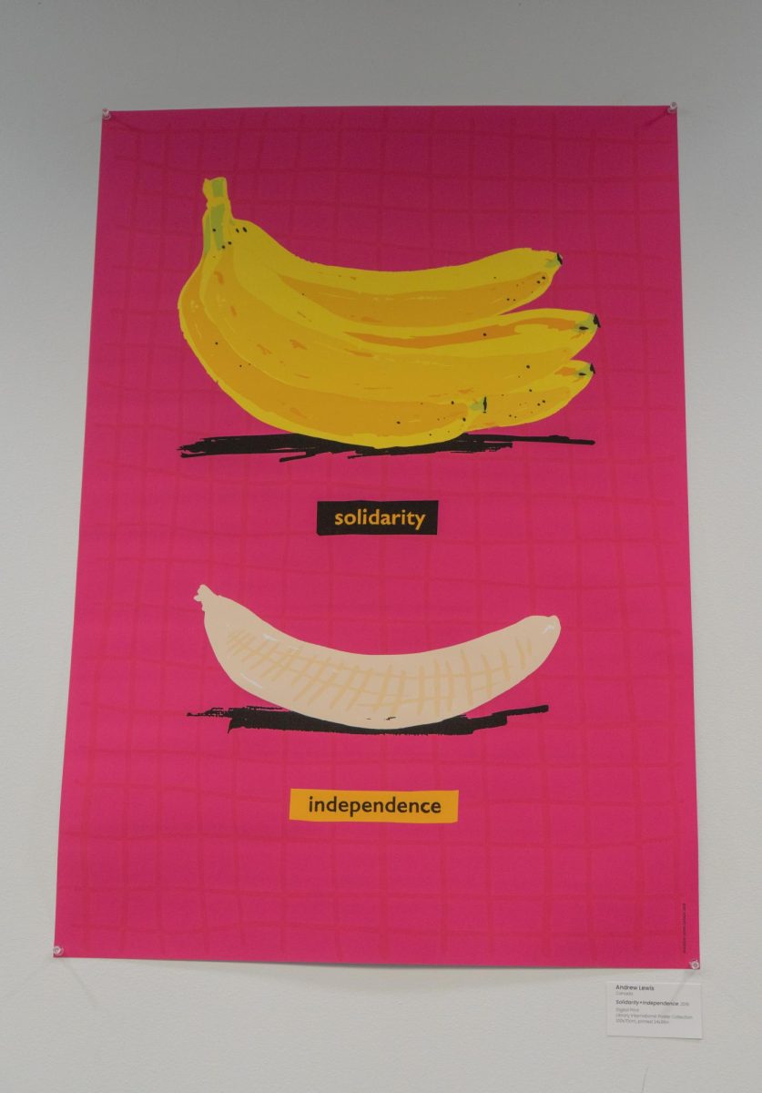 Poster art of bananas communicate the contrasts and relationship between solidarity and independence at the "CommUNITY" exhibit in the Morgan Library. Apr 9. 