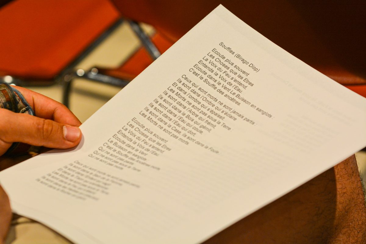Papers handed out for the audience to follow along April 13. These papers and the speech were mainly in French.