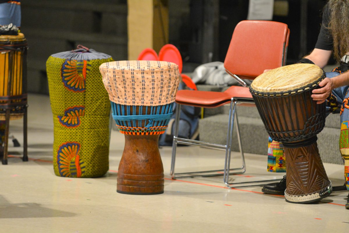 Drums being set up in preparation for the music performed at the Francophone African Festival April 12. The festival was full of music and dancing.