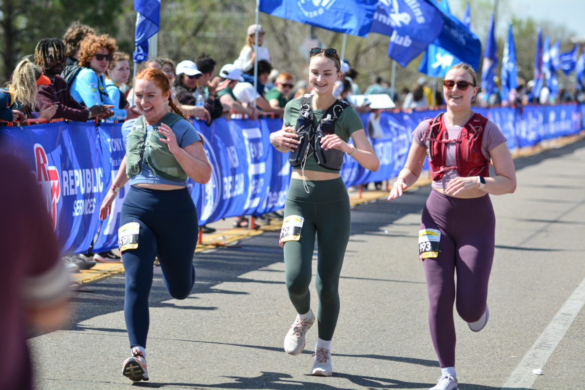 Erin Klang, Jamie Klang and Katherine Rider finishing the Horsetooth Half Marathon April 13. These three girls happily crossed the finish line after completing 13.1 miles. 