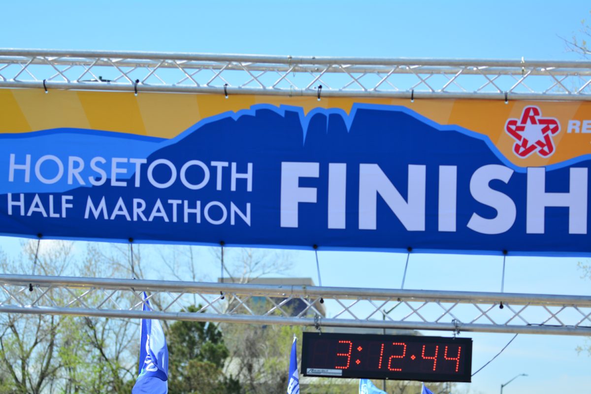 Horsetooth Half Marathon finish line poster April 13. The Horsetooth Half Marathon began in Horsetooth and finished at the New Belgium Brewing company. 
