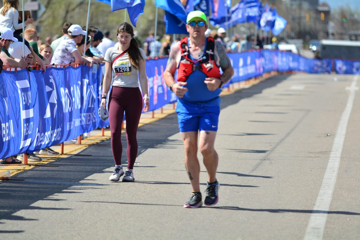 Larissa Monreal and another runner finishing the Horsetooth Half Marathon April 13. These runners finished 13.1 miles starting at horsetooth and finished at New Belgium. 
