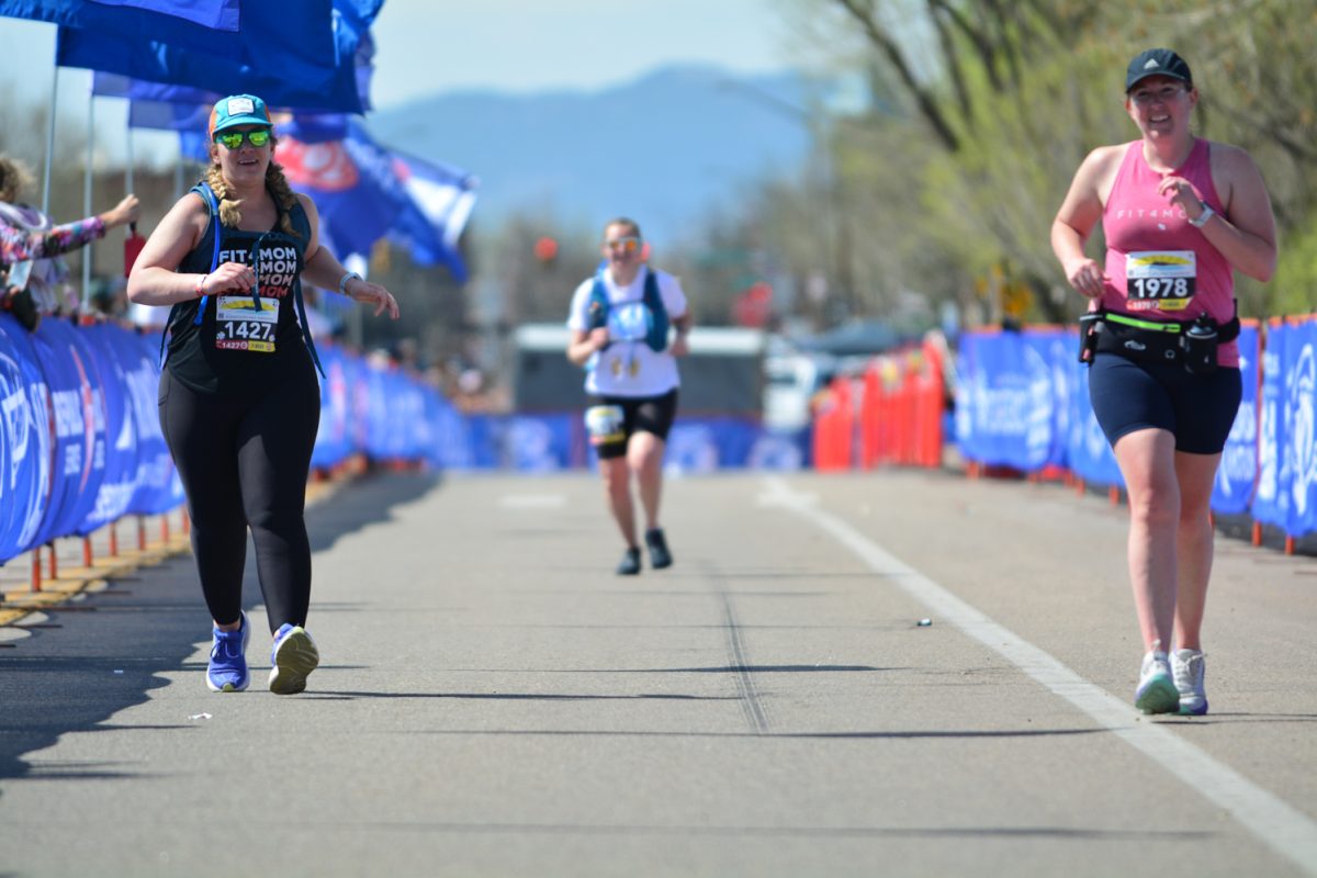 Kelsey Vogt and Alexandria Paisley running the final stretch of the Horsetooth Half Marathon April 13. The Horsetooth Half Marathon was 13.1 miles and started at Horsetooth and finished at New Belgium Brewing. 