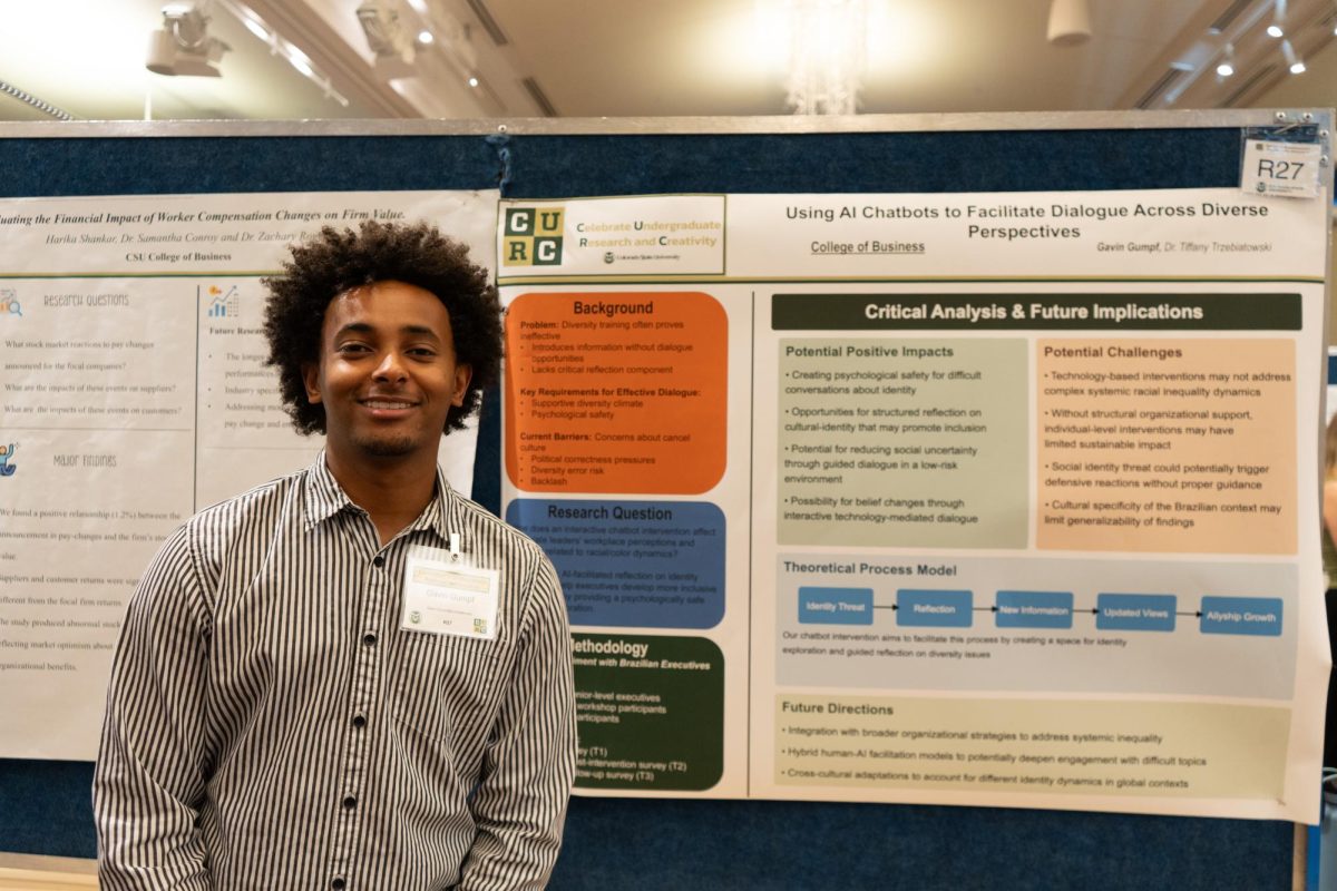 Gavin Gumpf presents his research at the CURC Showcase on April 17, studying the potential of AI chatbots to facilitate discourse between different perspectives. "Business for a better world is about trying to make a positive impact on society through the lens of business and economics," Gumpf said.  