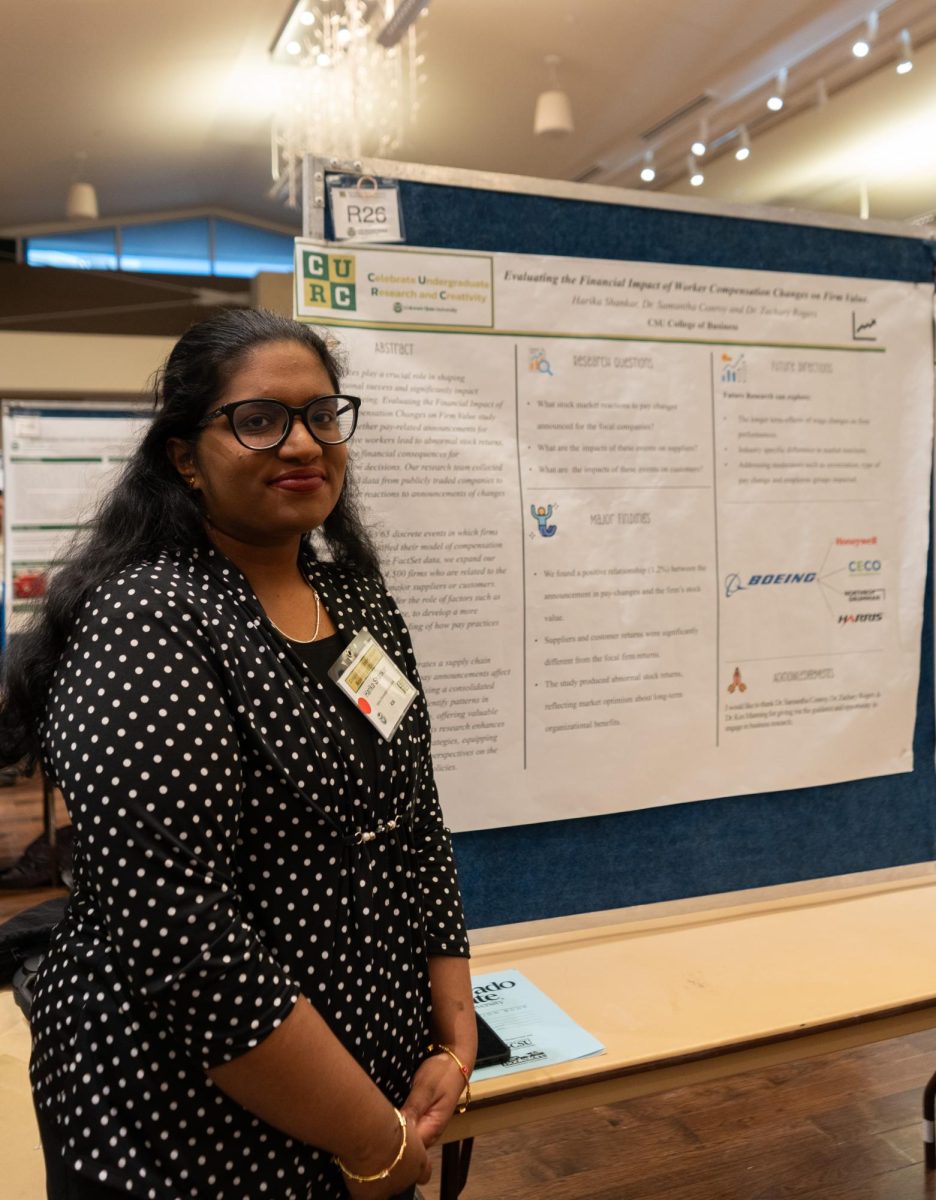 Hurika Shankar presents her research on how changes in worker compensation affect firm value. Shankar was one of many who presented projects for "Business for a Better World" at the CURC Showcase in the LSC ballrooms on April 17. 