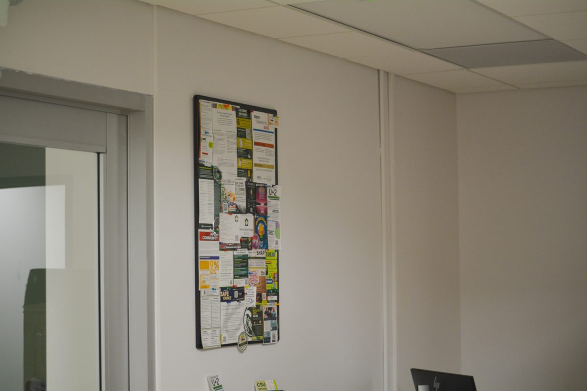 A board full of posters at the new HUB student service office April 21. This office is meant to be where students come for help regarding financial aid, registration, student records, student billing or housing and dining services.