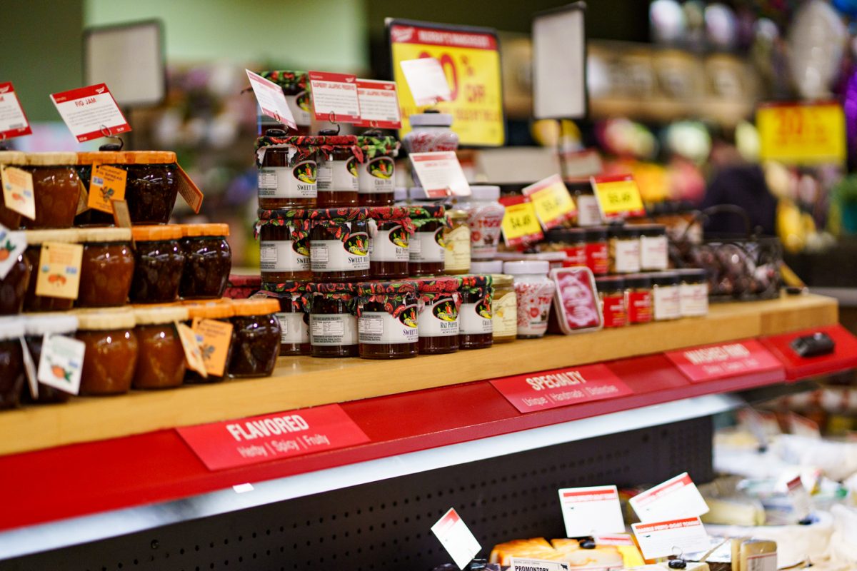 Jam and cheese are on display in the produce section of the King Soopers on Taft Hill Road in Fort Collins April 21.