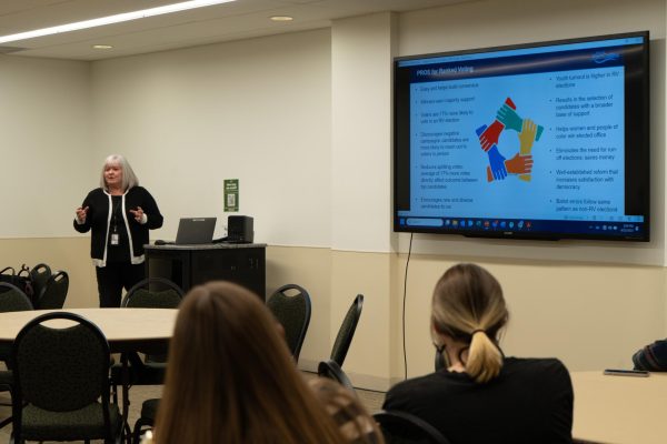 Delynn Coldiron, Fort Collins city clerk, explains ranked choice voting in the Lory Student Center April 24. 