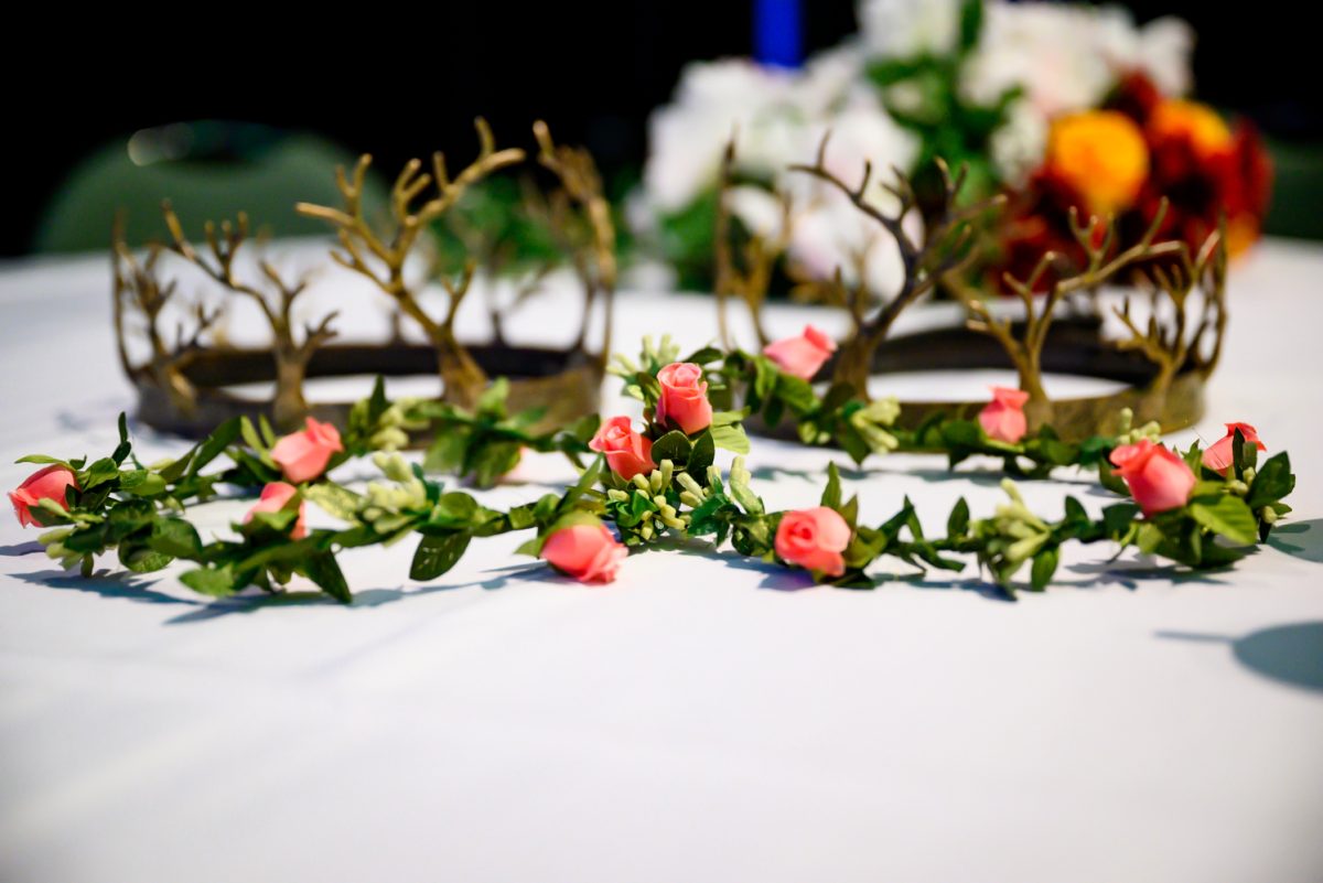 Prom Royalty crowns sit on a table during setup for Queer Prom April 25. Hosted by the Pride Resource Center, Queer Prom is an event made to give queer students who may not have had a prom in high school a safe prom experience.