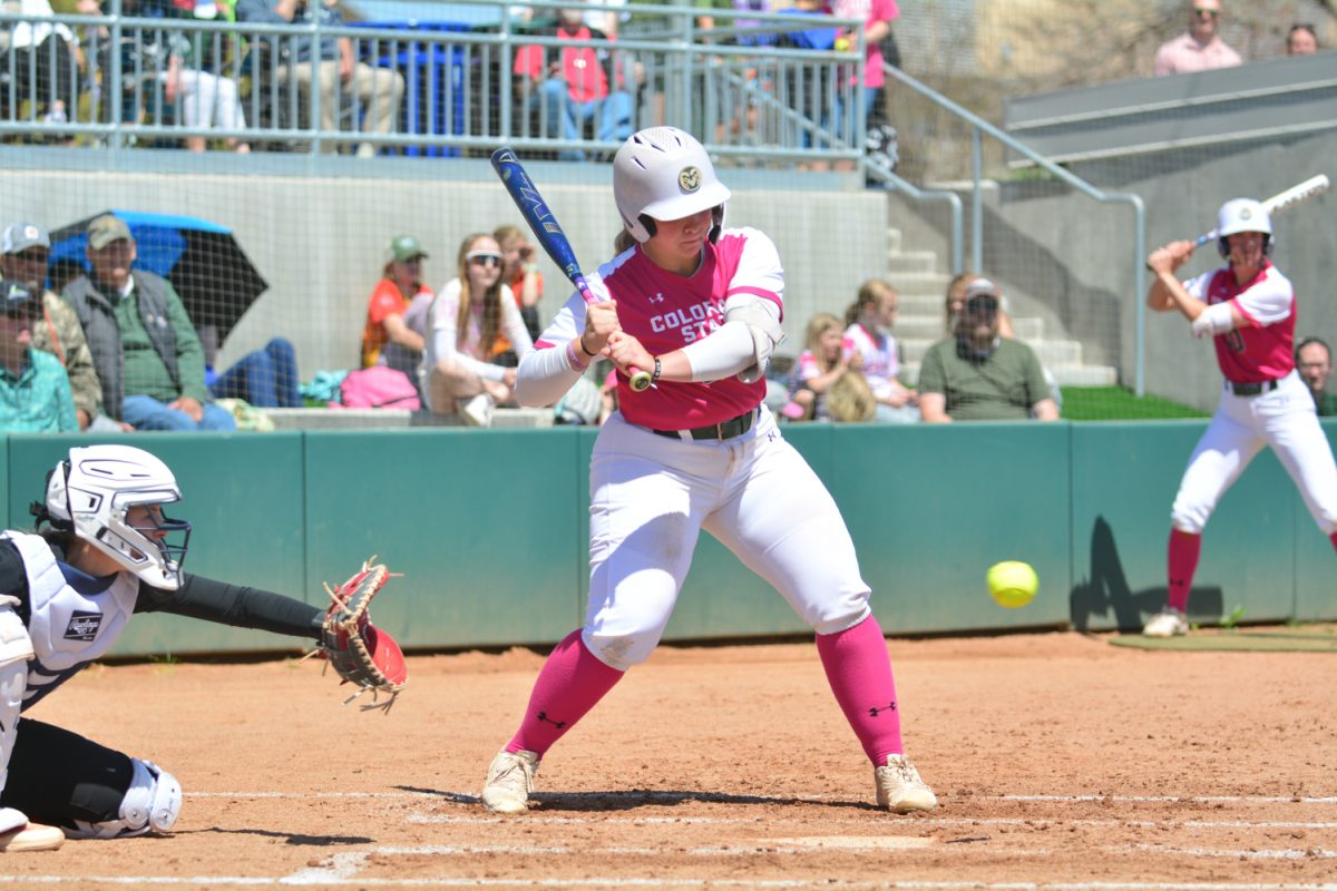 Abby Edward hitting the ball getting a home run leading Colorado State to get three points April 26. This was during Colorado States pink out games against Fresno State. 