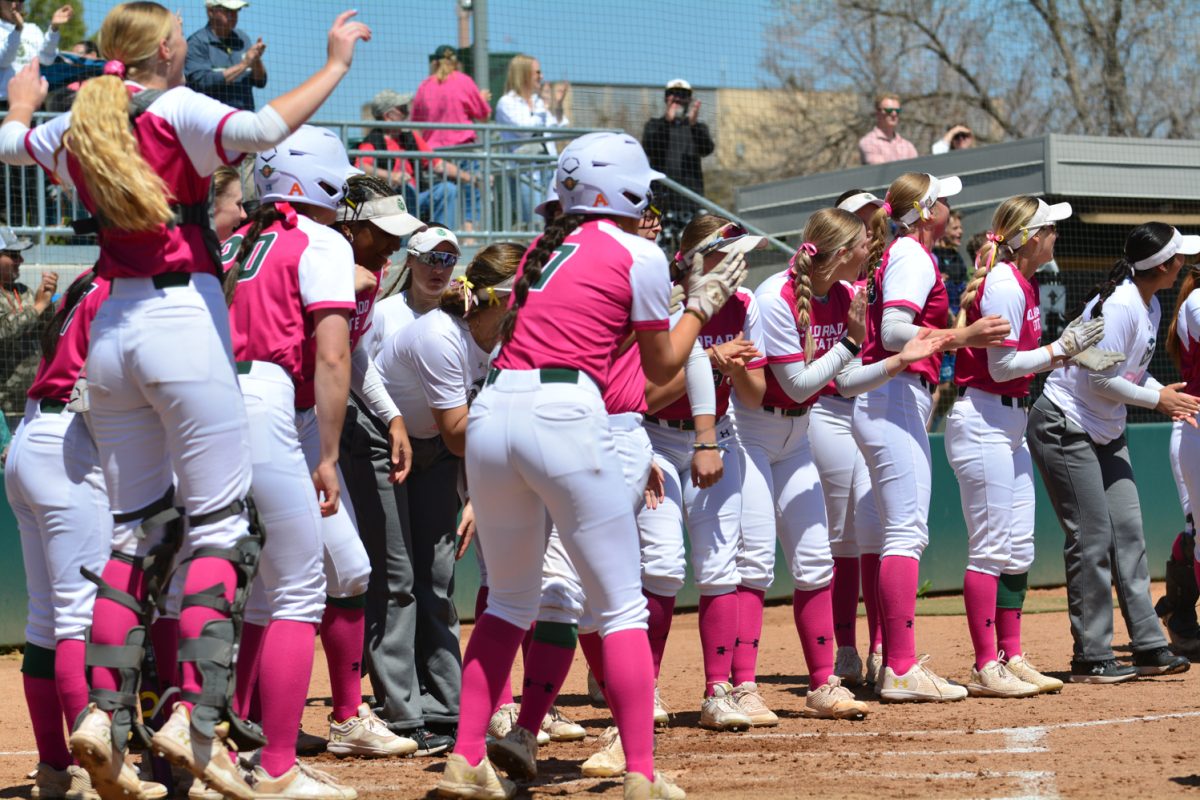 Colorado State celebrating a home run made by Abby Edward’s April 26. This was during Colorado States double header pink out games. 
