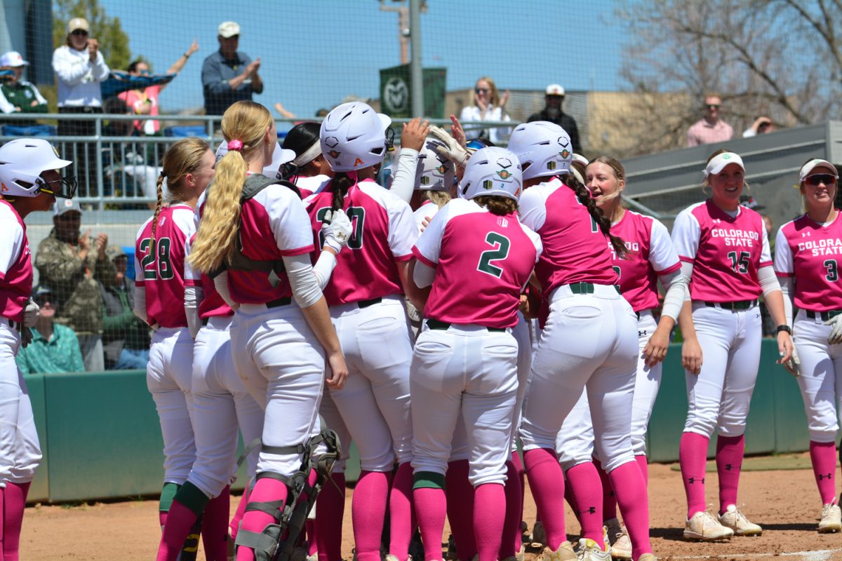 Colorado State celebrating a home run made by Abby Edward’s April 26. This homerun led Colorado State to gain three points. 