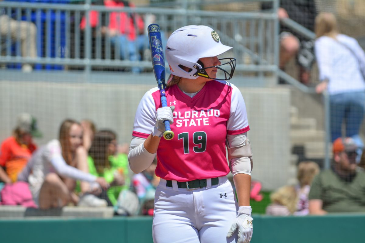 Colorado State University softball player Kyra Smith gets ready to hit the ball against a Fresno State University pitcher April 26. This was the first out of two pink-out games held on Ram Field.