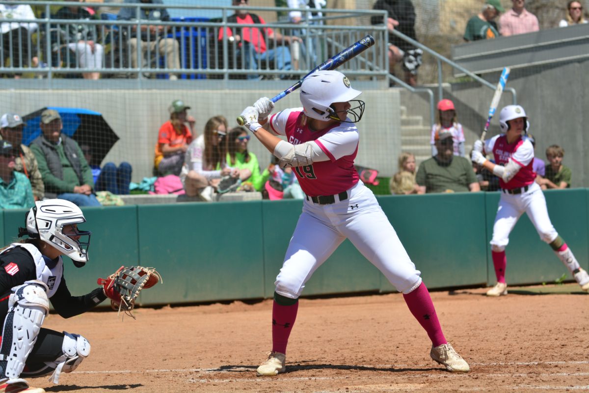 Kyra Smith getting ready to hit a ball against Fresno State April 26. Kyra hit the ball and made it to first base and helped her team defeat Fresno state with a score of 7-0. 
