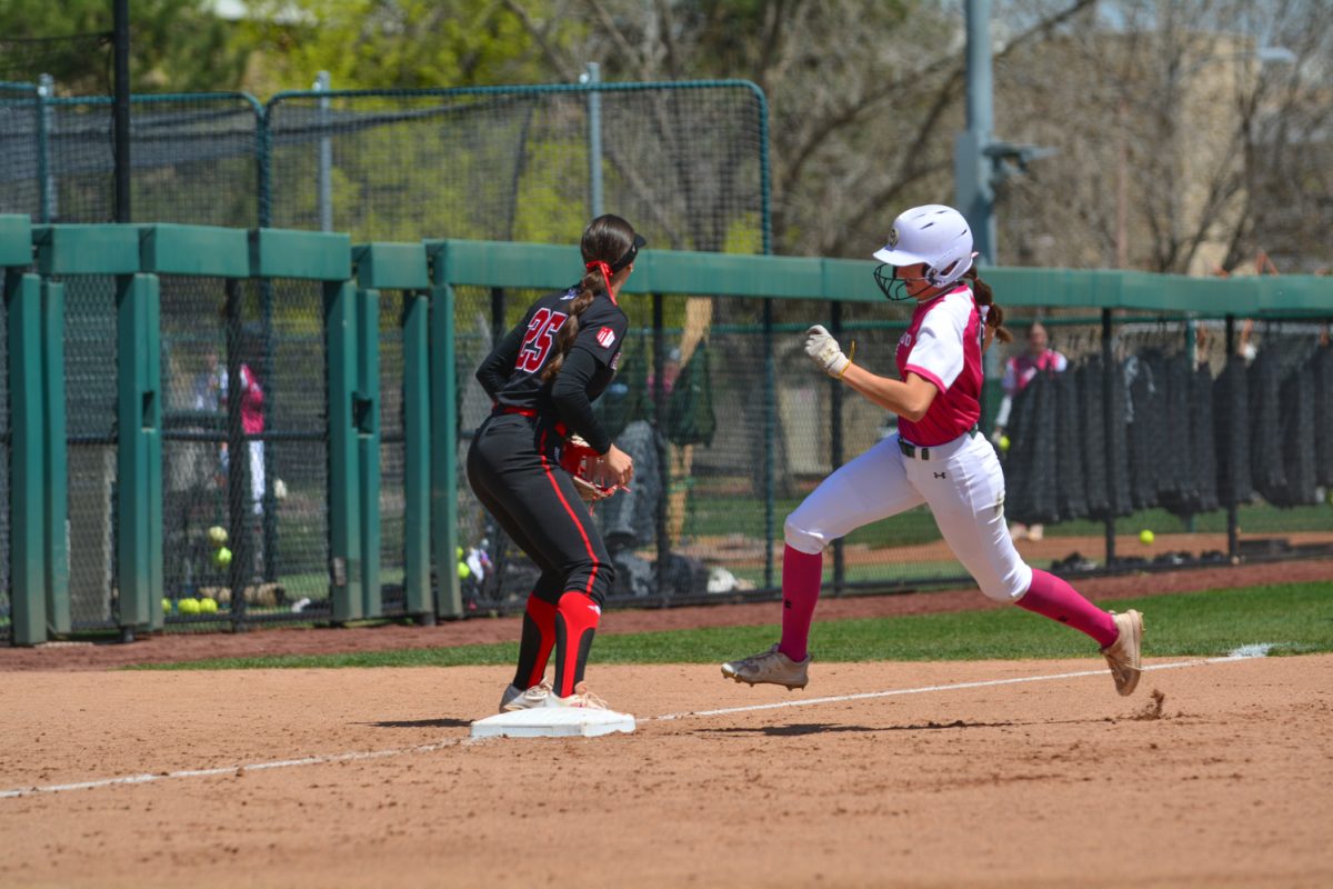 Lauren Stucky running past third base to run to home base April 26. This was during a double header against Fresno state which was also Colorado states pink out games. 
