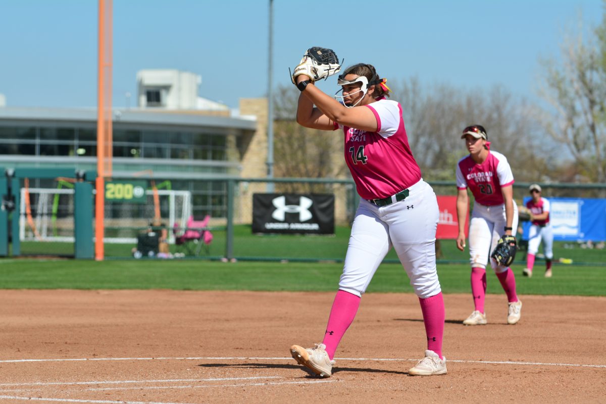 Giselle Bentley pitching for Colorado State University during their pink out game April 26. This was a double header against Fresno State. 
