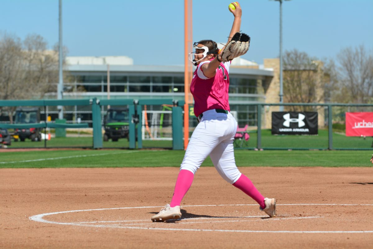 Giselle Bentley pitching during the second game of the double header against Fresno State April 26. This double header was Colorado States pink out games. 
