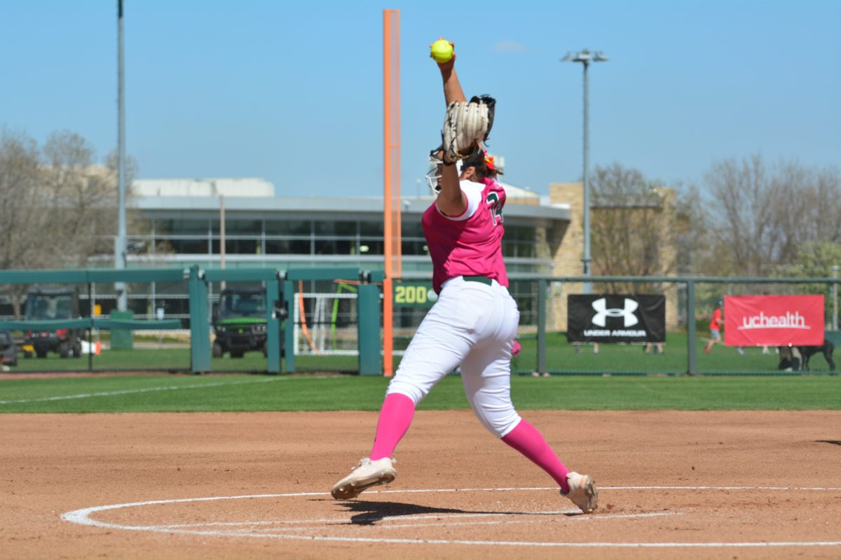 Giselle Bentley pitching against Fresno State April 26. Giselle was Colorado States pitcher for their second game that unfortunately Colorado State fell to Fresno State with a score of 8-3. 
