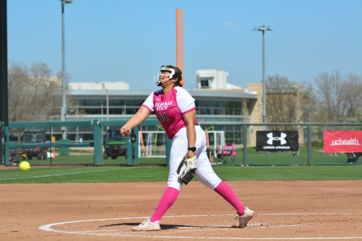 Giselle Bentley pitching to a Fresno State player April 26. This double header against Fresno State was Colorado States pink out game. 
